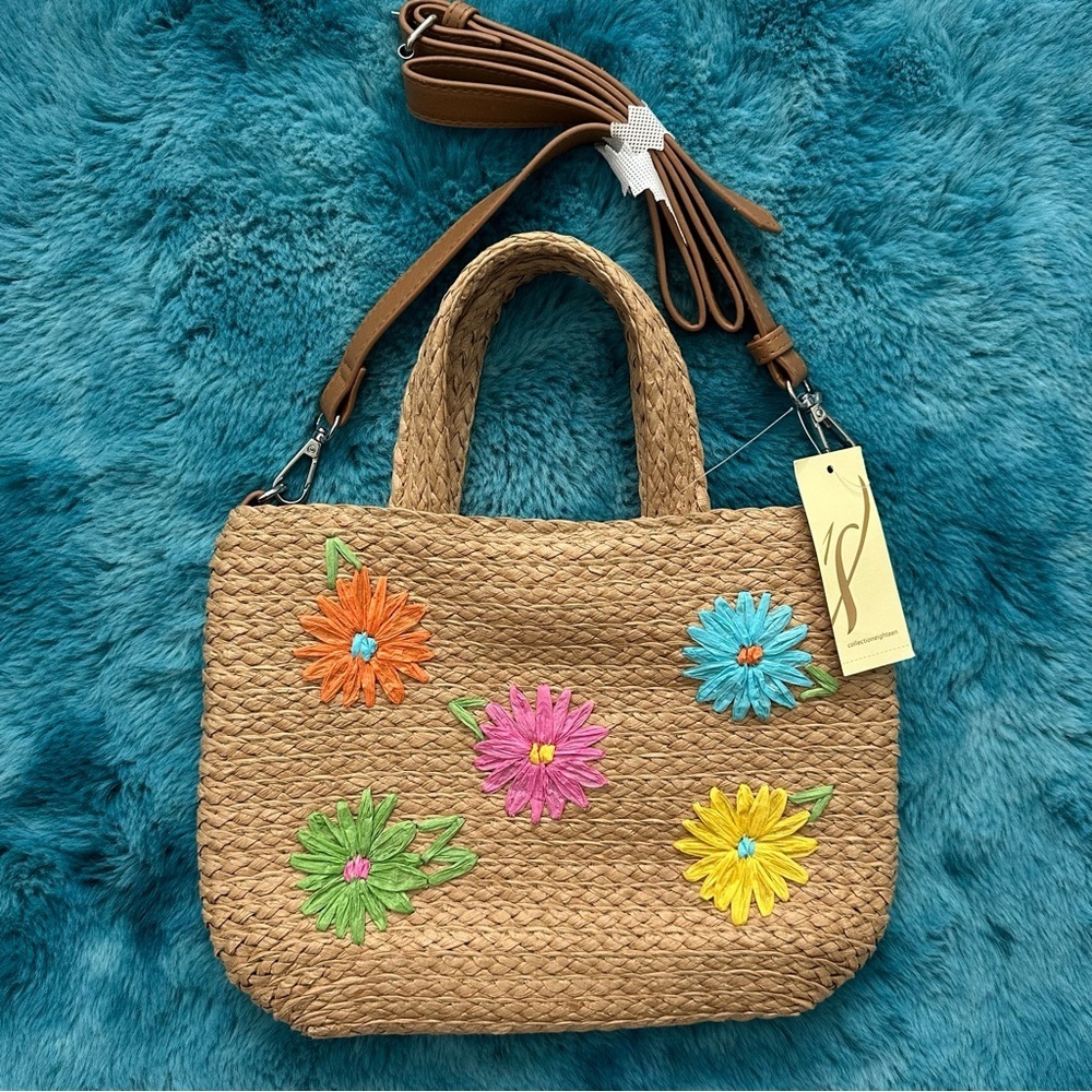 Vibrant Floral Embroidered Straw Tote